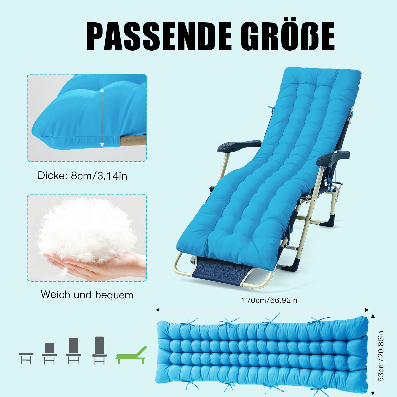 Bocguy Coussins pour Bains De Soleil，170x53x8 CM Chaise Longue Jardin，Matelas Transat Bain De Soleil Chaise Longue Exterieur pour Jardin Terrasse Balcon