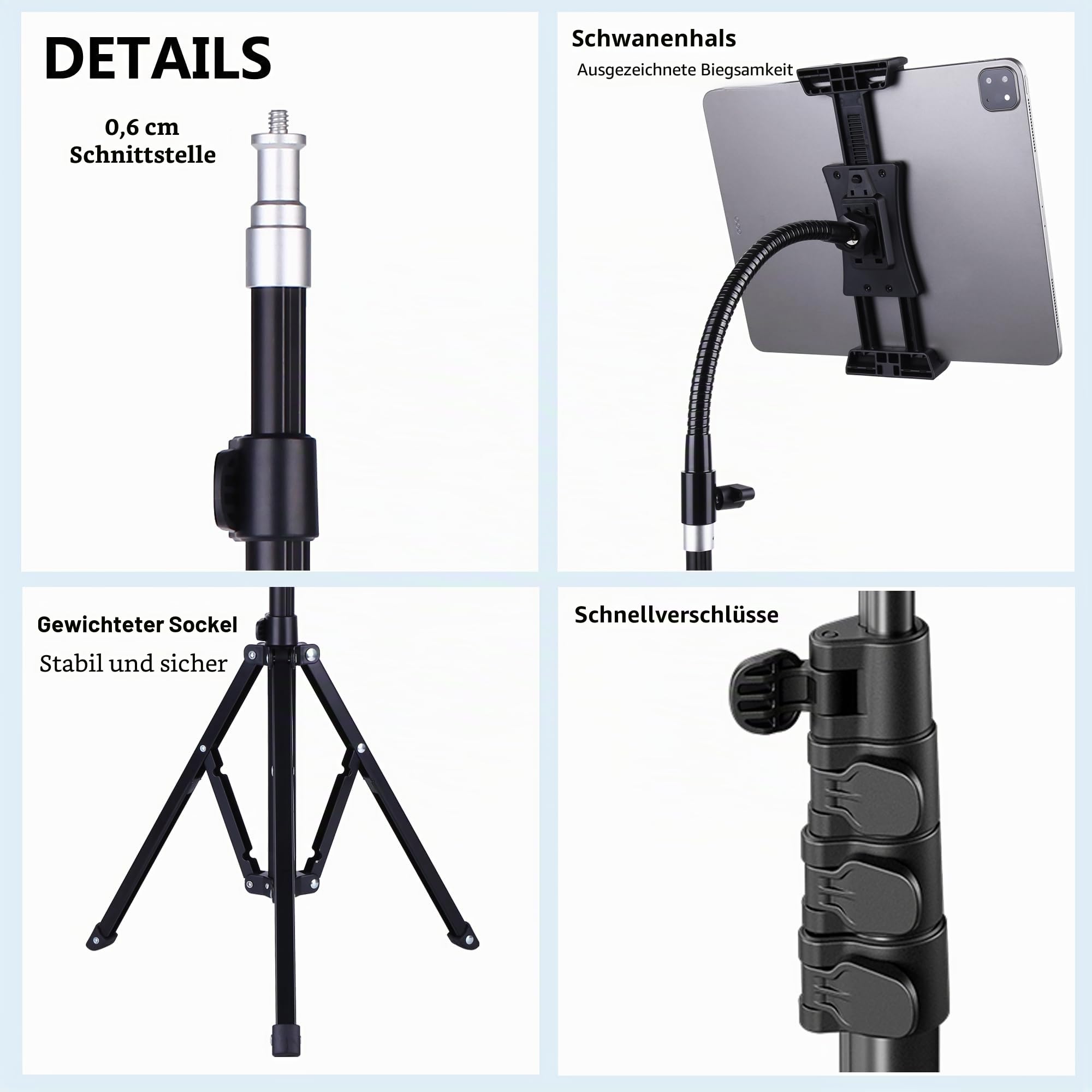 Ipad und Telefon Stativ 73" Schwanenhals Tablet Bodenständer Halterung mit Fernbedienung für 3,5 bis 15in Tablets iPhones, iPad Pro Air Mini 12,9 11 10,5, Galaxy Tab S9 Ultra 14,6", Surface