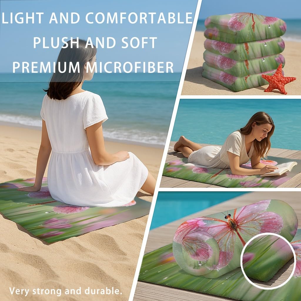 Genérico Akwarela Ręczniki Plażowe / Basen Miękki Koc Plażowy Natura Ważka, Koc Plażowy Nadaje się na Basen, Kemping, Podróży Plażowy Ręcznik 180 x 90, Różowy Zielony