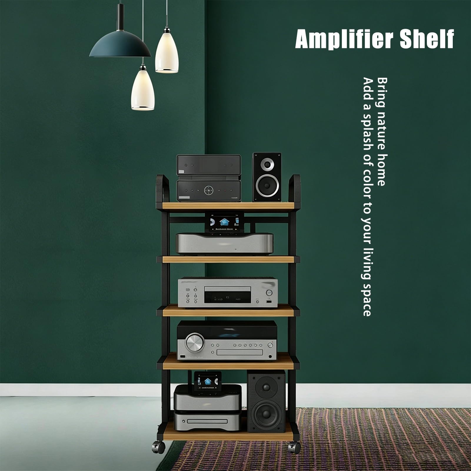 Nowoczesny Stojak Stereo z Kółkami Konstrukcja Stojaka na Media Audio Wideo na Media AV Wieża na Gramofon Drewniana Szafka Stereo Wieża(Brown,3 tier 65cm/25.5in)