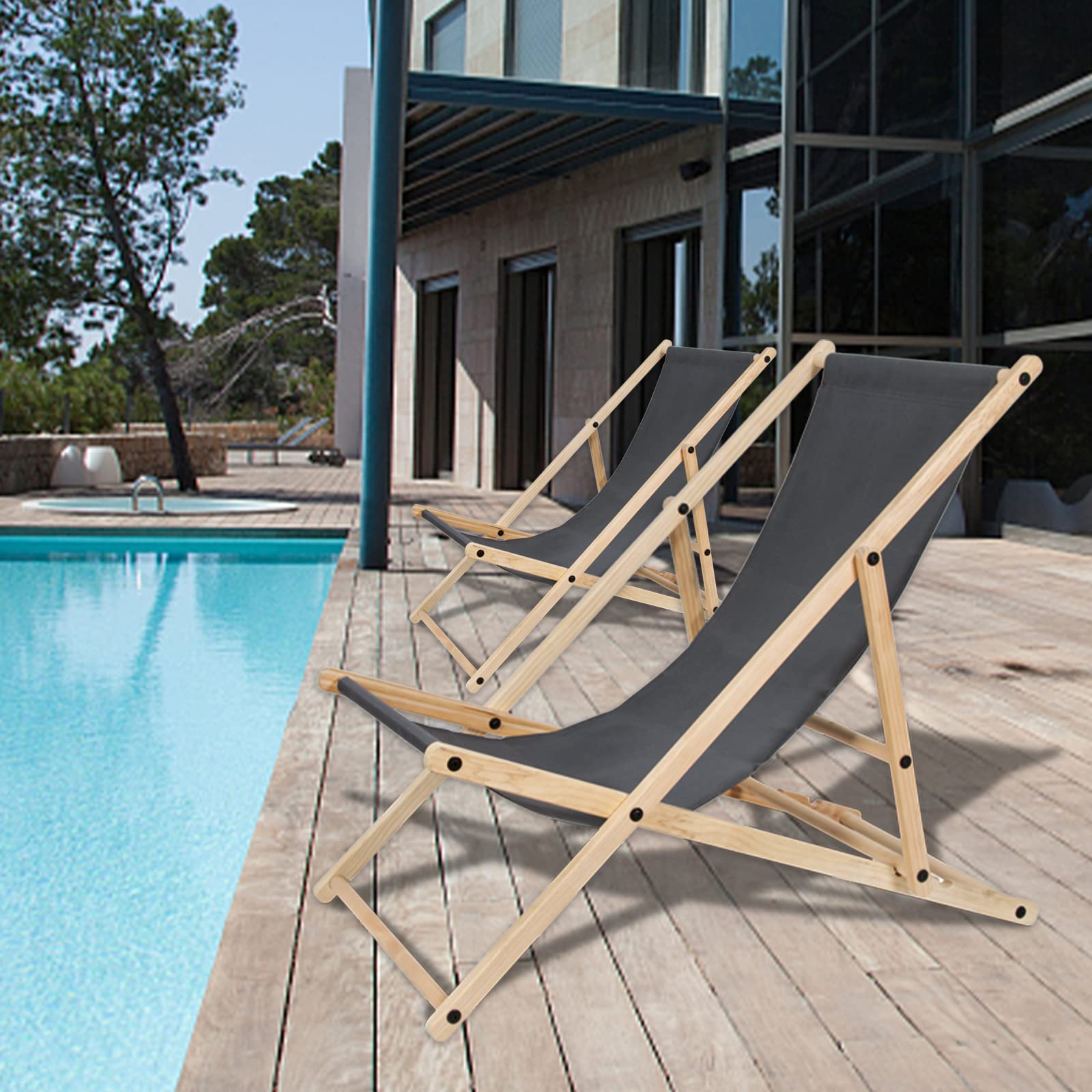 Lot de 2 chaises longues pliantes en bois - Charge maximale : 120 kg - Pour plage, camping, balcon, piscine, chaise pliante en bois, chaise longue de plage, résistante aux intempéries, grise