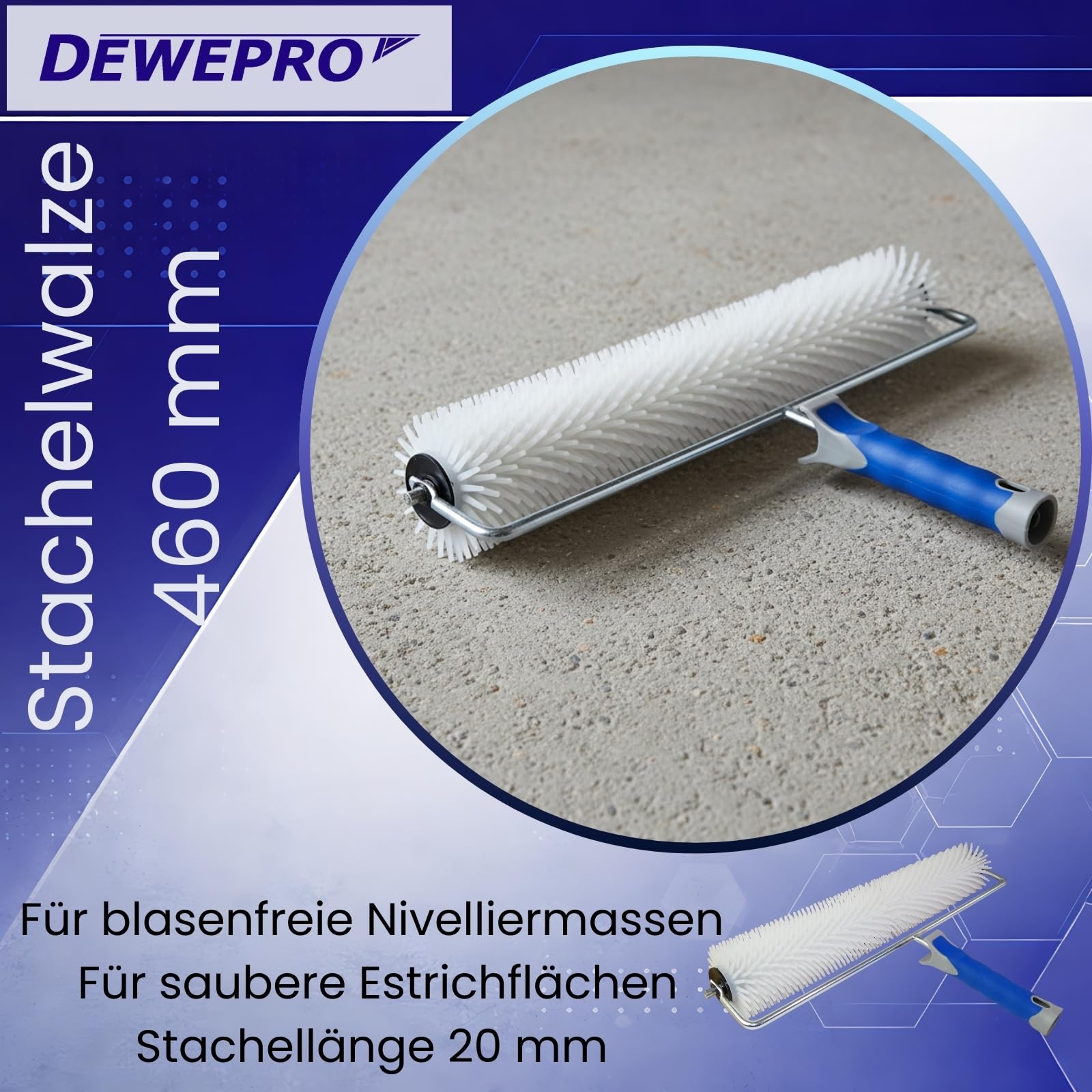 DEWEPRO® Rullo frangibolle Ø85x460 mm - Lunghezza dei chiodi 20 mm - Rullo per autolivellante - Rullo a bolle - Supporto Metallico Robusto con Manico Bi-Componente