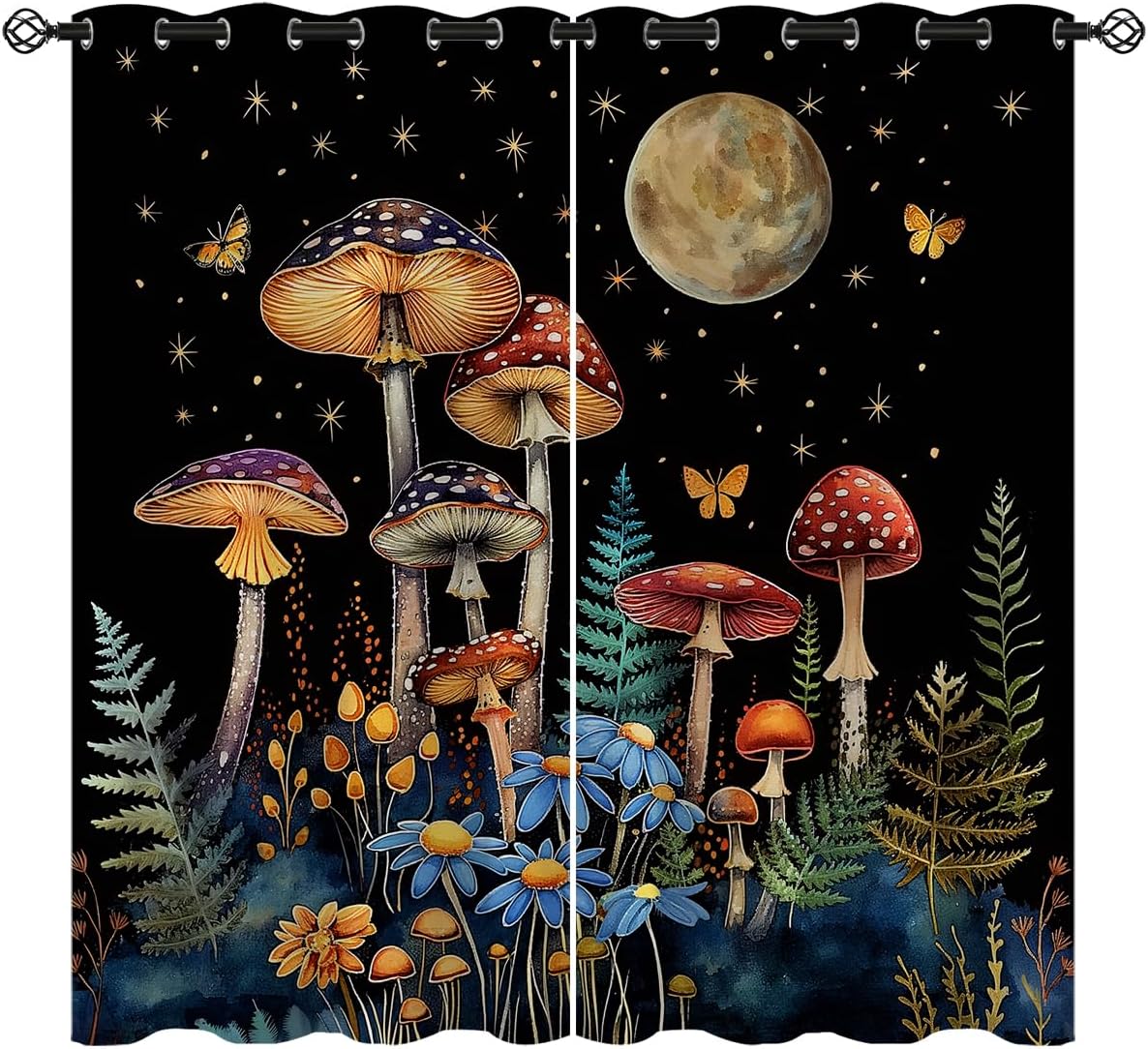 Mushroom Blackout Curtains for Bedroom Living Room, Fantasy Fairy Witchy Botanical Decor Drapes, Gothic Enchanted Forest Window Treatment with Grommet Thermal Insulated Panels, 84 x 84 Inch