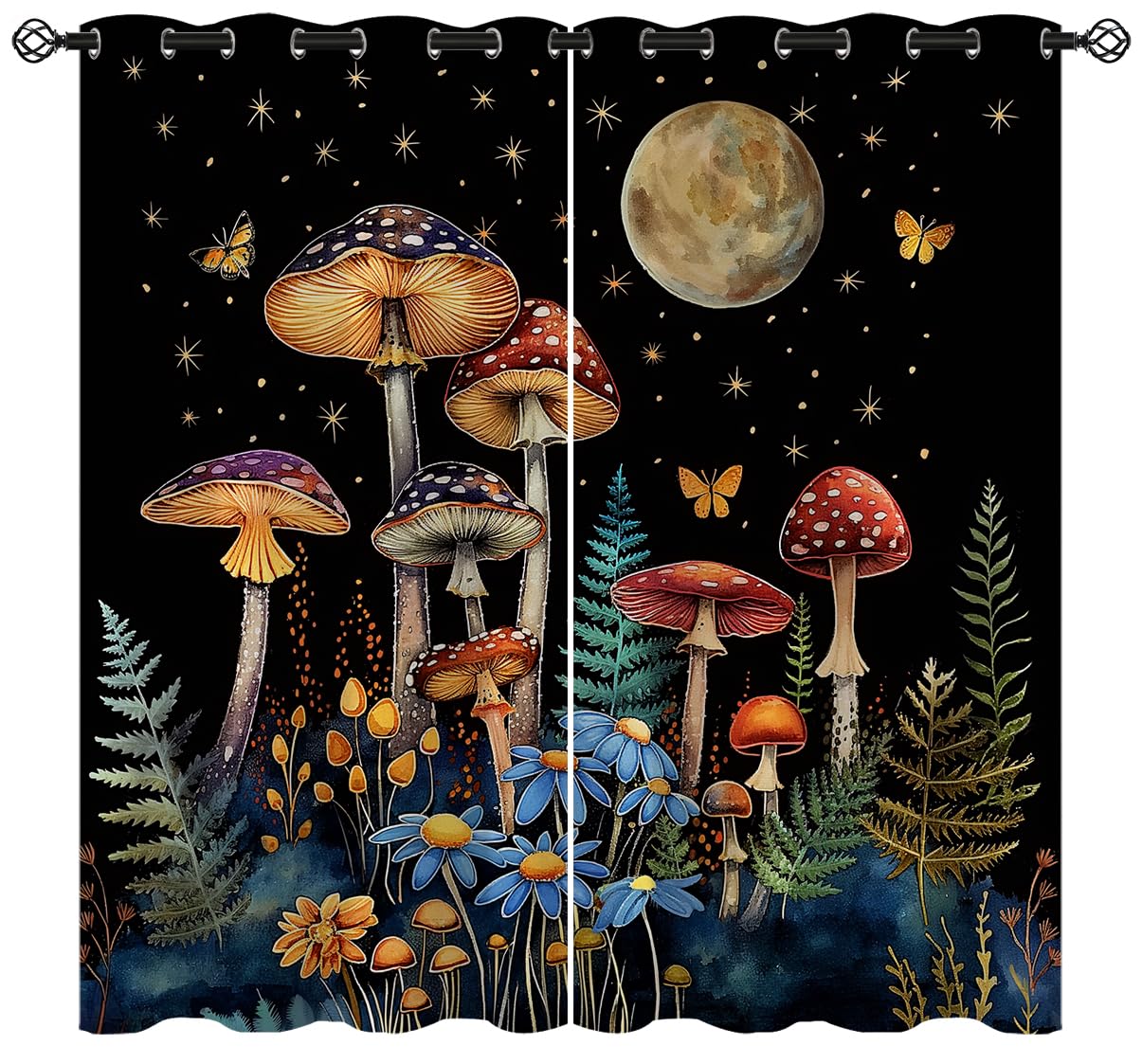 XINBADU Mushroom Blackout Curtains for Girls Boy Home Decor, Gothic Fairy Witchy Mysterious Botanical Grommet Thermal Insulated Drapes Darkening Window Curtain for Bedroom Living Room, 55 x 63 Inch