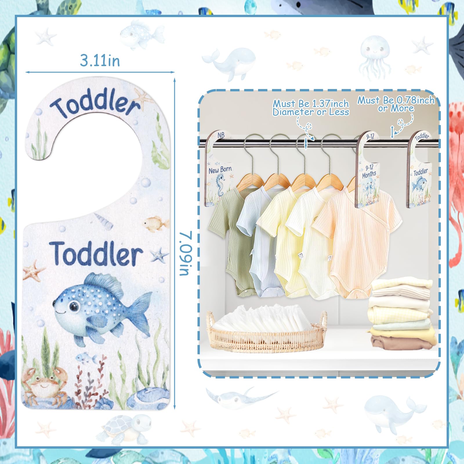 CORNER LACE Baby Closet Dividers 8PCS, Under the Sea/Ocean Animal Theme Wooden Double-Sided Clothes Size Hanger Organizer from Newborn to Toddler for Nursery Decor Baby Shower Birthday Gift