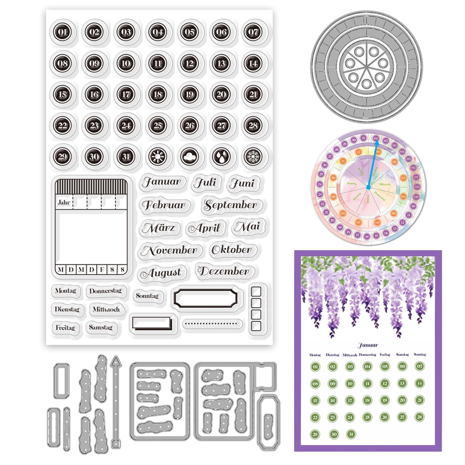 ORIGACH 2024 Planner German Calendar Stamps and Dies for Card Making Plan on It Clear Stamps and Cutting Dies for Scrapbooking DIY Crafting Photo Album Decorative