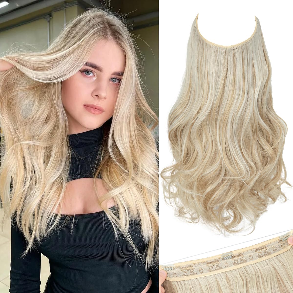 SARLA Invisible Wire Hair Extensions with 3 Clips Short 14 Inch Synthetic Wavy Curly Hairpiece for Women Adjustable Transparent Headband Cream Blonde