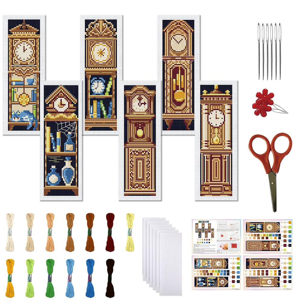 FREEBLOSS 6 Set Cross Stitch Bookmark Kit 11CT DIY Cross Stitch Kits Vintage Clock Pattern Stamped Embroidery Kit with Instructions Bookmark Making Set for Adult Beginners 8x2.4inch