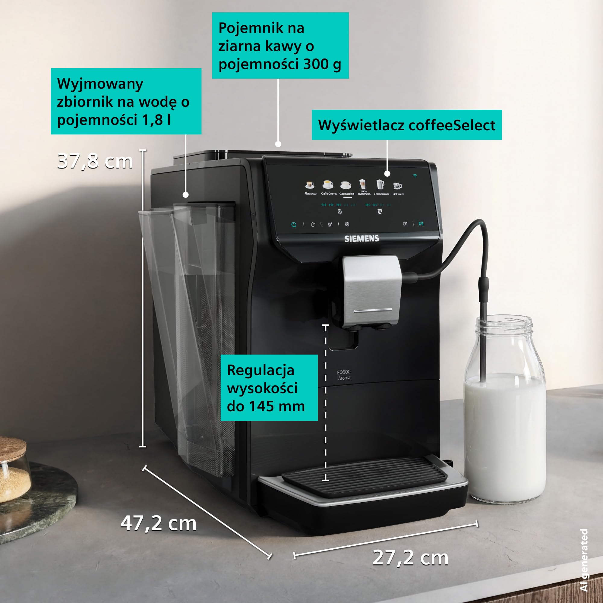 Siemens EQ500 iAroma, w pełni automatyczny ekspres do kawy ze zintegrowanym młynkiem, dotykowe sterowanie dla 6 napojów i szybka personalizacja, łatwe czyszczenie, czarny, TP551E07