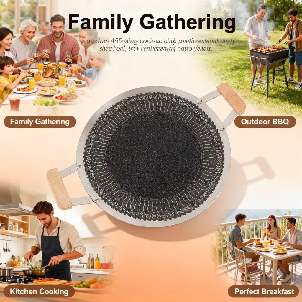 Korean BBQ Grill Pan Stainless Steel, Nonstick Round Grill Plate 34cm - Even Heat Distribution, Easy Cleanup, for Indoor and Outdoor Use (34cm)