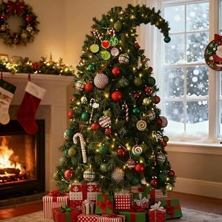 7.5ft Bendable Christmas Tree Pre-Lit Whimsical Christmas Bent Top Artificial Xmas Tree with LED Lights Ornament Bag, Green