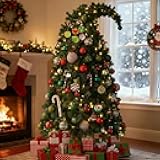 Syhood 7.5ft Bendable Christmas Tree Pre-Lit Whimsical Christmas Bent Top Artificial Xmas Tree with LED Lights Ornament Bag, Green