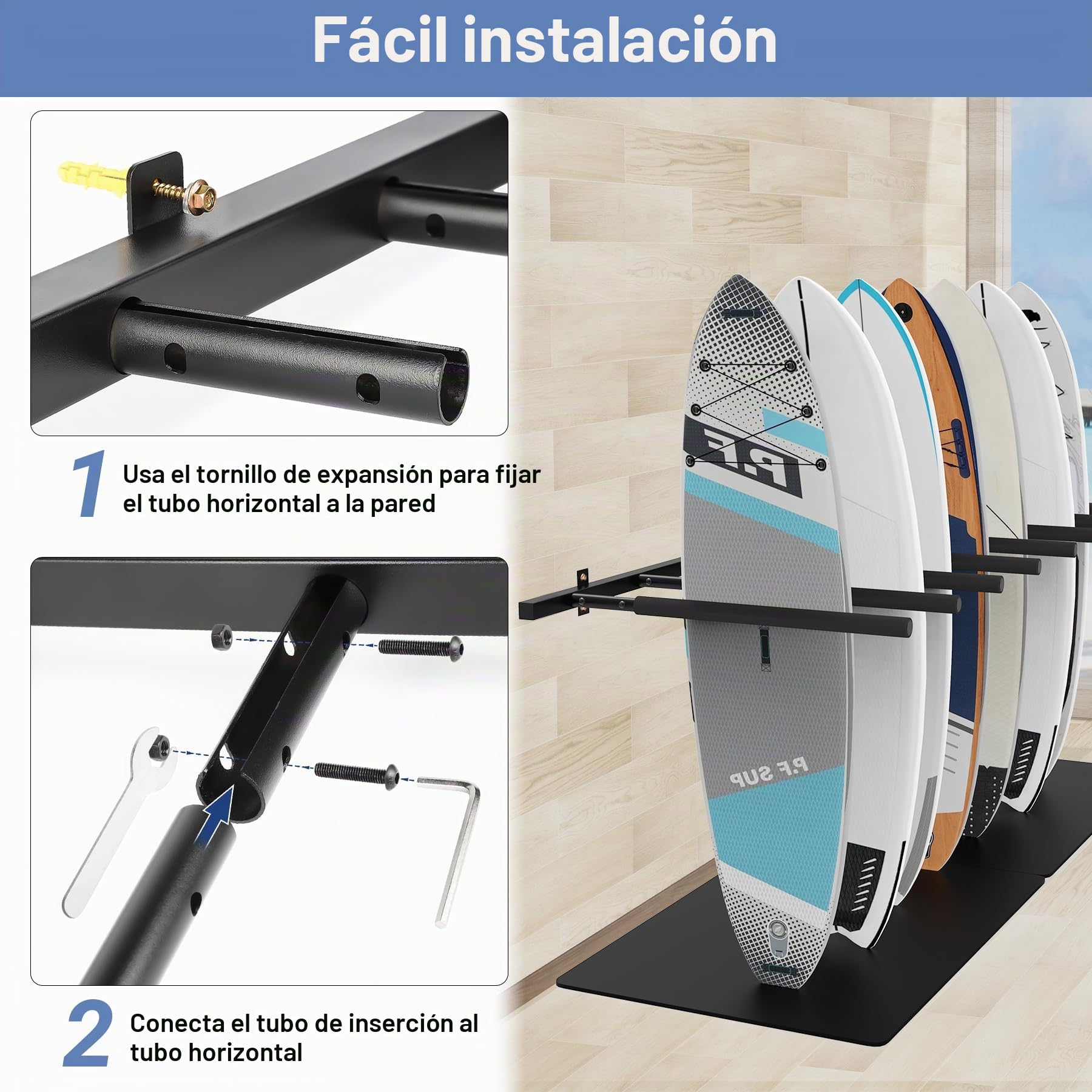 Soporte de pared para tabla de surf, 8 brazos