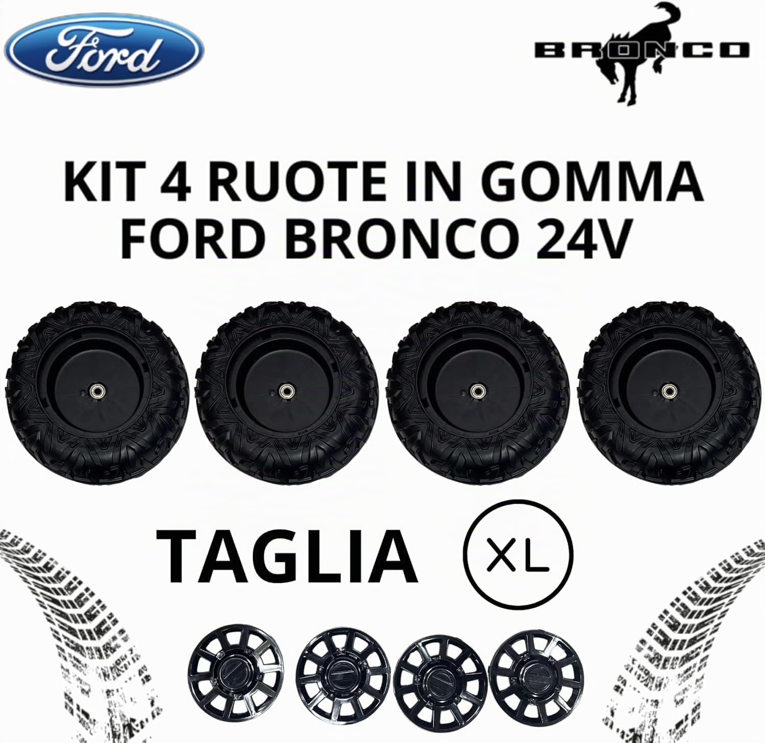 Set 4 Ruote in Gomma EVA XL con Copriruota per Auto Elettrica per Bambini Nuova Ford Bronco 24V – Ruote Antiscivolo Silenziose, Maggiore Aderenza e Comfort di Guida