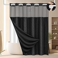 FADOTY No Hook Black Chevron Shower Curtain Set with Snap-On Liner, Waterproof Tufted Fabric, Mesh Top Window, 71x74 Inch