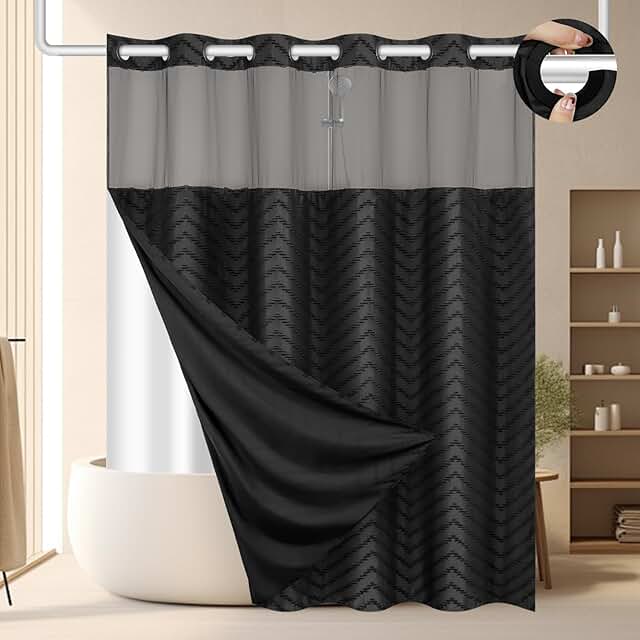 No Hook Shower Curtain and Liner Set, Black Snap in Shower Curtain Ringl...