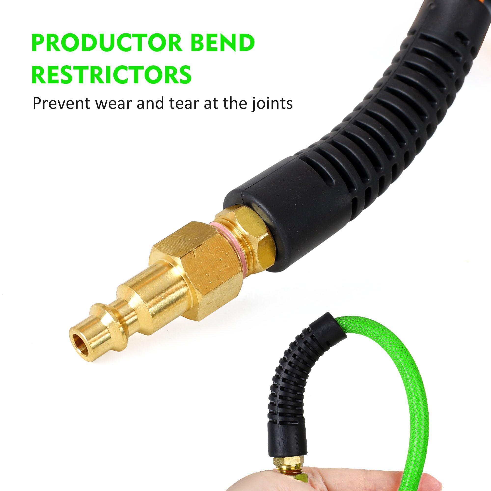 Manguera de compresor de aire de 1/4 pulgadas x 100 pies, manguera de aire de poliuretano reforzado (PU) con accesorios, restrictores de curva, acoplador rápido industrial de 1/4 pulgadas y