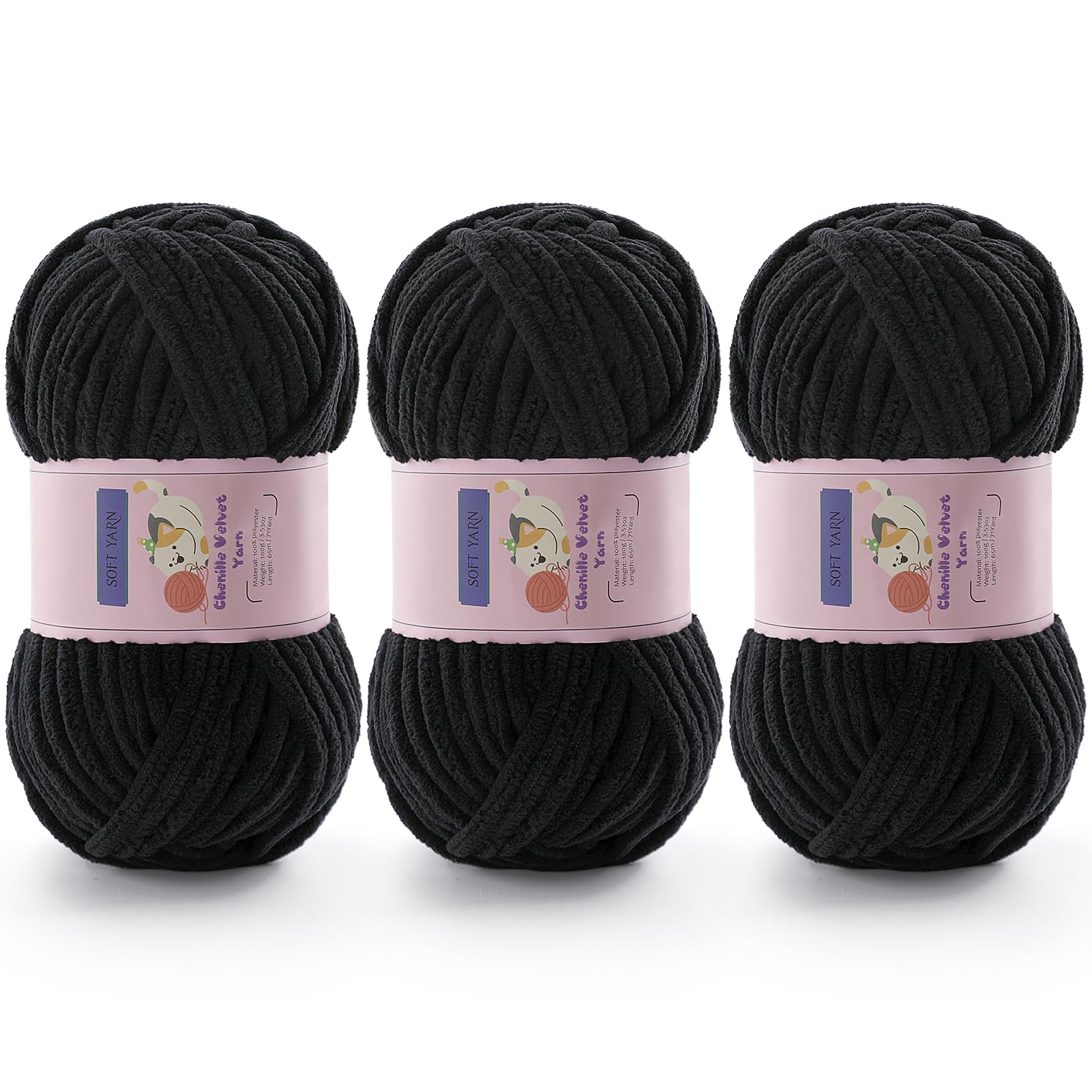 Chunky Chenille Yarn for Crocheting, #6 Black Baby Blanket Yarn for Crochet
