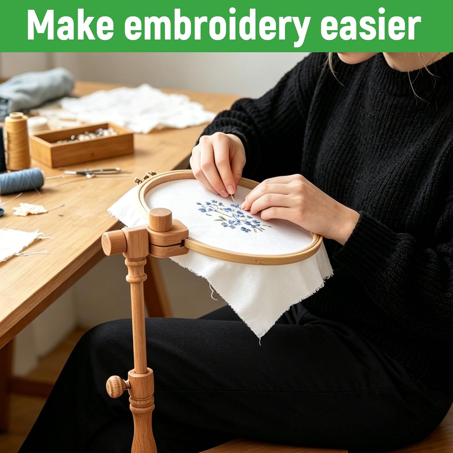 NQEUEPN Beech Wood Embroidery Hoop Stand, with 2pcs 6in/15.5cm & 8in/19.2cm Hoops Rotatable Cross Stitch Stand Tool-Free Installation Wooden Embroidery Holder for Cross Stitch Sewing & Needlework
