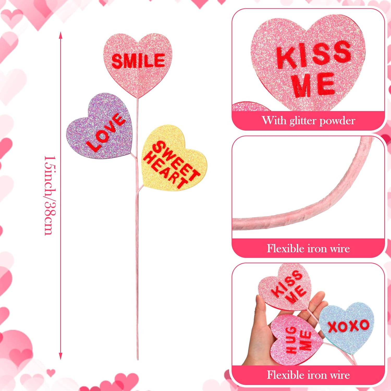 Suncalla 12 Pcs Valentines Picks Decoration 15 Inch Valentines Conversation Heart Picks Pink Heart Shaped Floral Ornaments for Holiday Party Wedding Candlelight Dinner Anniversary