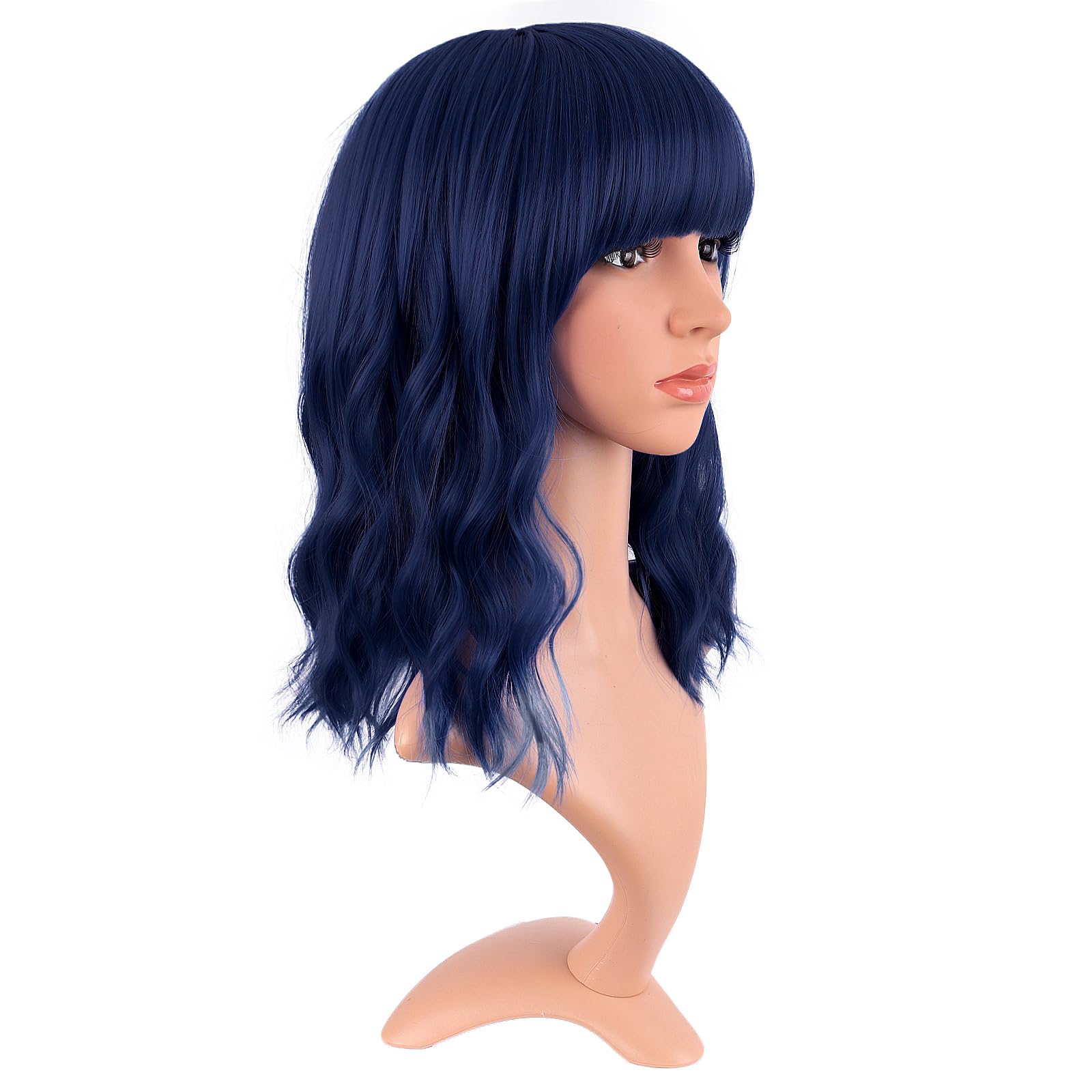 MapofBeauty 14 Inch/35 cm Short Wavy Curly Women Fresh Bright Synthetic Ordinary Flat Bangs Bob Wig (Midnight Blue) - Image 2
