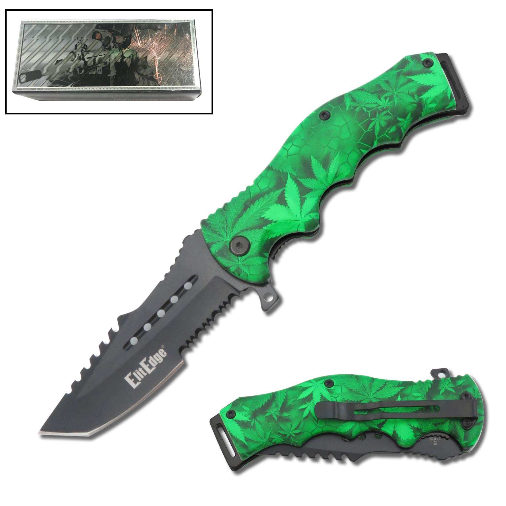 ElitEdge8.5" MARIJUANA SPRING ASSISTED POCKET FOLDING BLACK HANDLE KNIFE