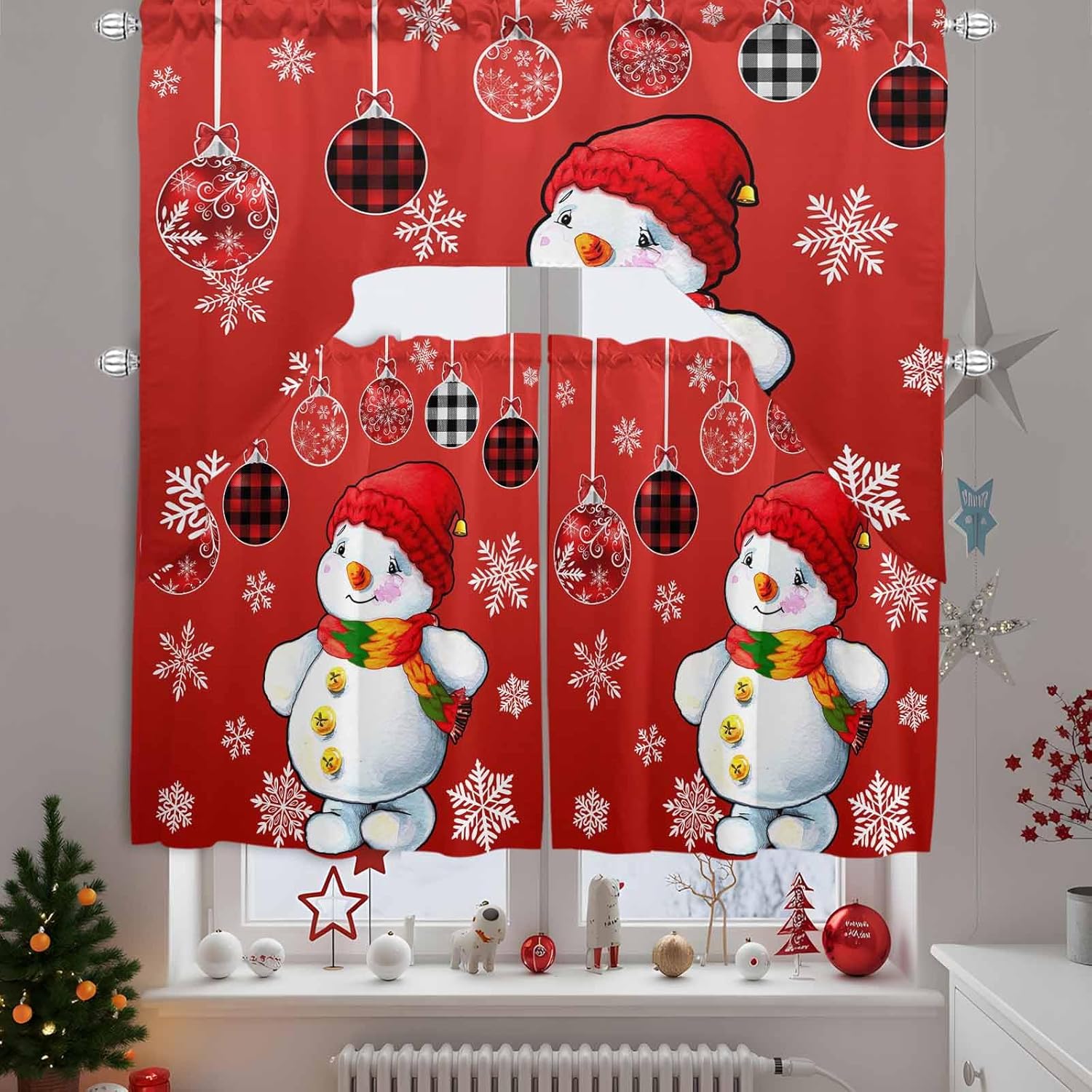 Red Snowman Swag Kitchen Curtain Sets with Valance,3 Pieces Rod Pocket Curtain Drapes for Bedroom Living Room Bathroom Windows,Winter Xmas Snowman Snowflake Checkered 56''x36'' & 24''x27.5''x2Panels