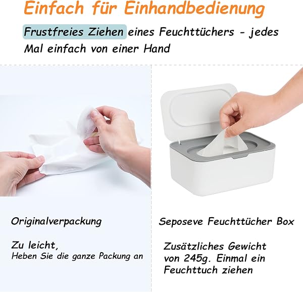 Feuchttücher Box, Seposeve Feuchtuchspender für Baby & Erwachsene, Nachfüllbare Feuchtes Toilettenpapier Box, Hält Tücher Frisch, Einhandbedienung, Grau - 4