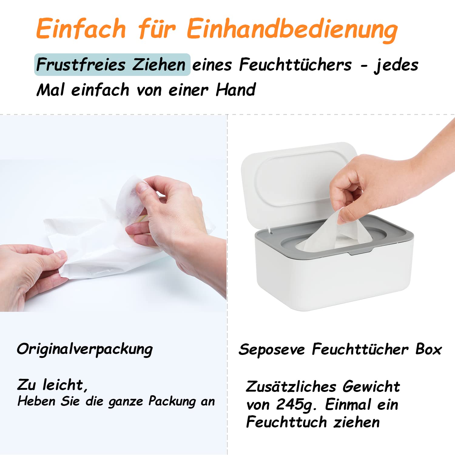 Dispenser Per Salviette Ricaricabile – Contenitore Porta Salviette Con Coperchio Ermetico, Funzione Una Mano, Antiscivolo, Per Neonati E Adulti, Grigio - 2