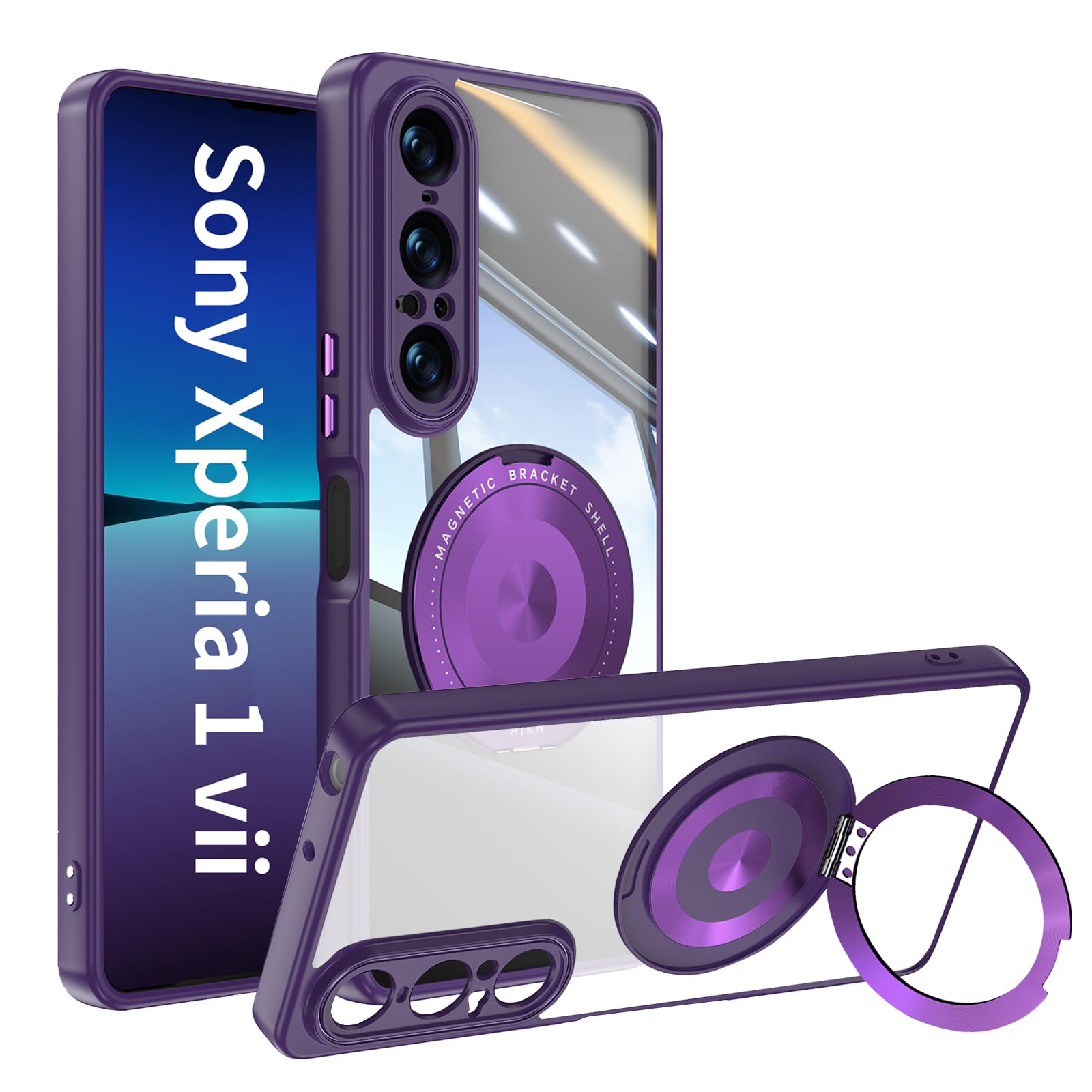 MiRowy SONY Xperia 1 VII 用 ケース スマホ SO-51F SOG15 XQ-FS44 カバー Magsafe対応 ワイヤレス充電 リング付き 360°回転スタンド 縦横両対応 エクスペリア 1 VII 用 米軍MIL規格 携帯カバー 滑り止め 薄型 軽量 耐衝撃 指紋防止 レンズ保護 ストラップ穴付き 半透明 黄变防止(Xperia 1 VII ケース|ダーク パープル)