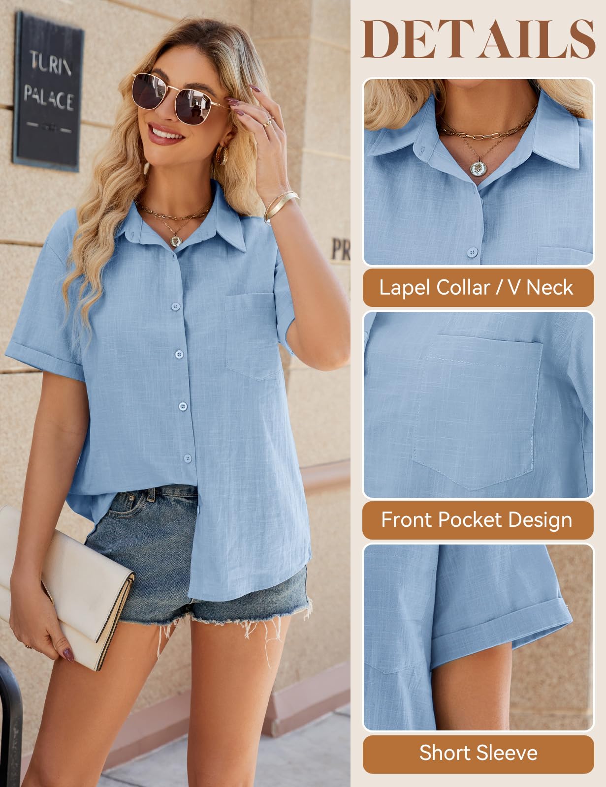 UMIPUBO Camicia Donna Estiva Camicetta Manica Corta Cotone da Donna Elegante Blusa Scollo V Casual Bottone Camicie Maglietta Versatile Top Tinta Unita Shirt Classico