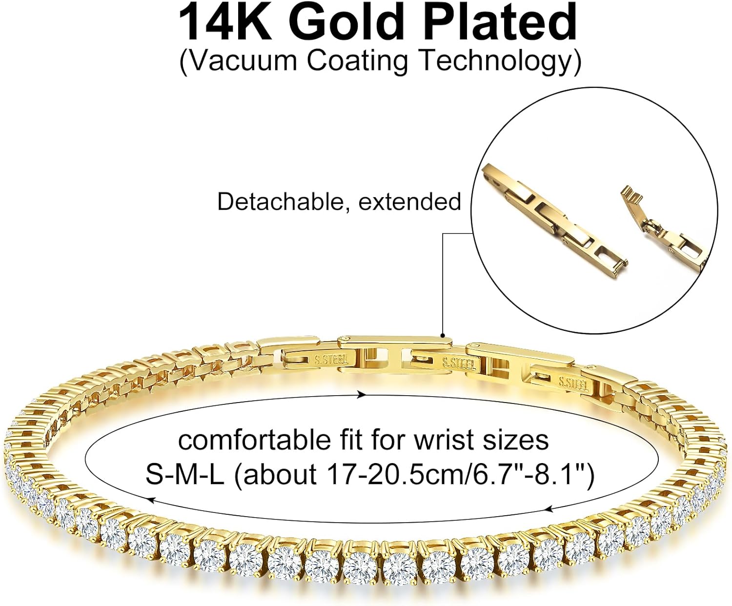 Tennis Bracelet for Women Men, 14K Gold Plated Round 3mm/4mm/5mm AAAA+ Cubic Zirconia CZ Dainty Classic Adjustable Stainless Steel Bracelets Festival Wedding Jewelry Gift - Image 5