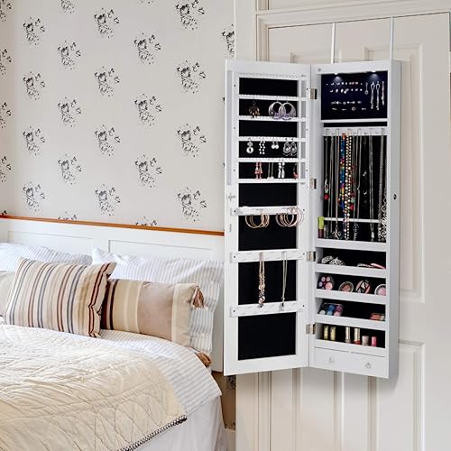 Vista 2 de GOFLAME Armario de joyería montado en la puerta, espejo de longitud completa sin marco de 47.5 pulgadas con almacenamiento y luces LED, organizador