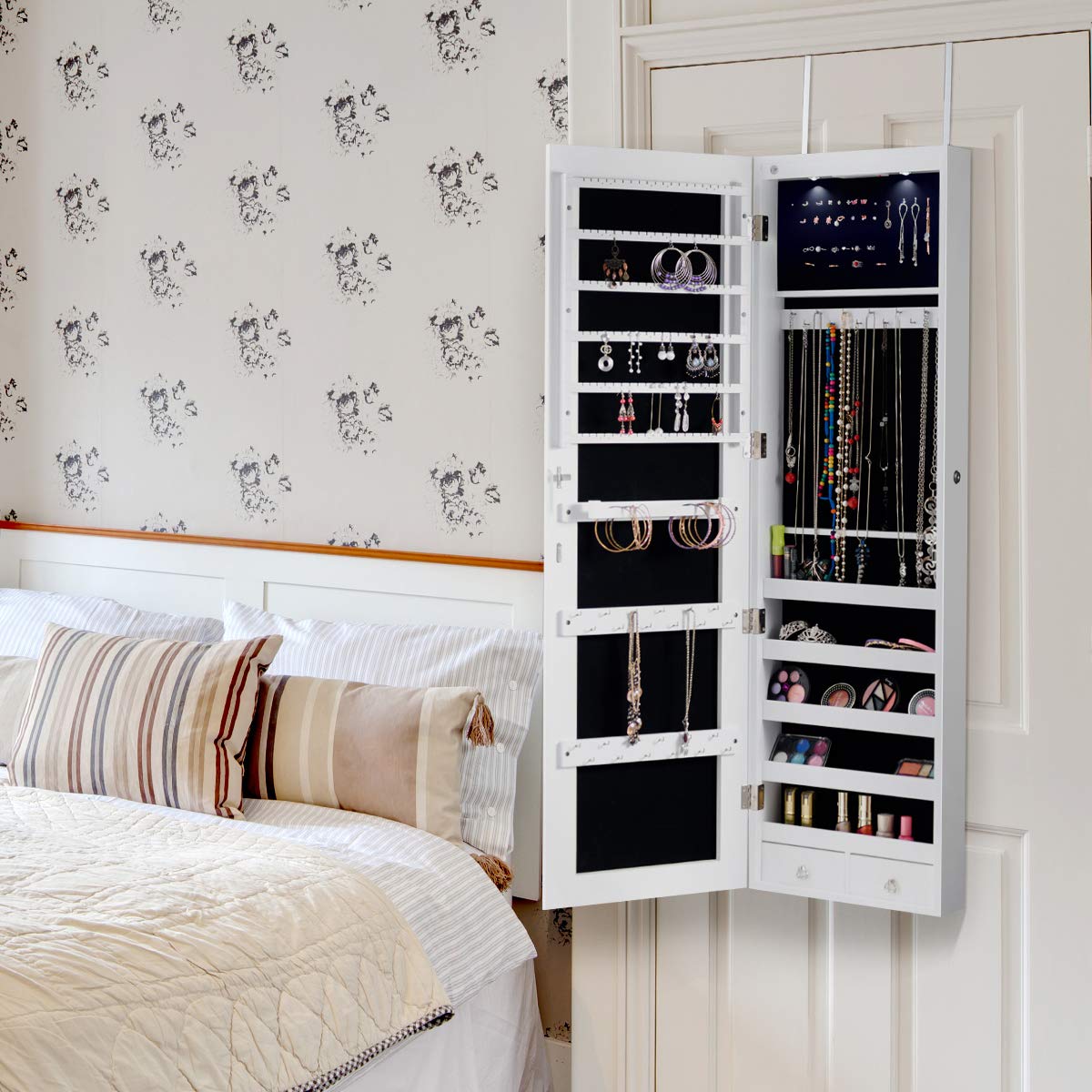 Armadietto Portagioie GIANTEX Con Specchio E LED - In Legno, Con Scomparti Per Collane E Anelli, Bianco - Foto 5