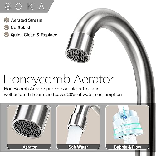 Miniatura 3 de SOKA SK18001NY - Grifo de lavabo central dos asas de arco alto 4 pulgadas con placa de cubierta y drenaje emergente instalación de 3 agujeros níquel