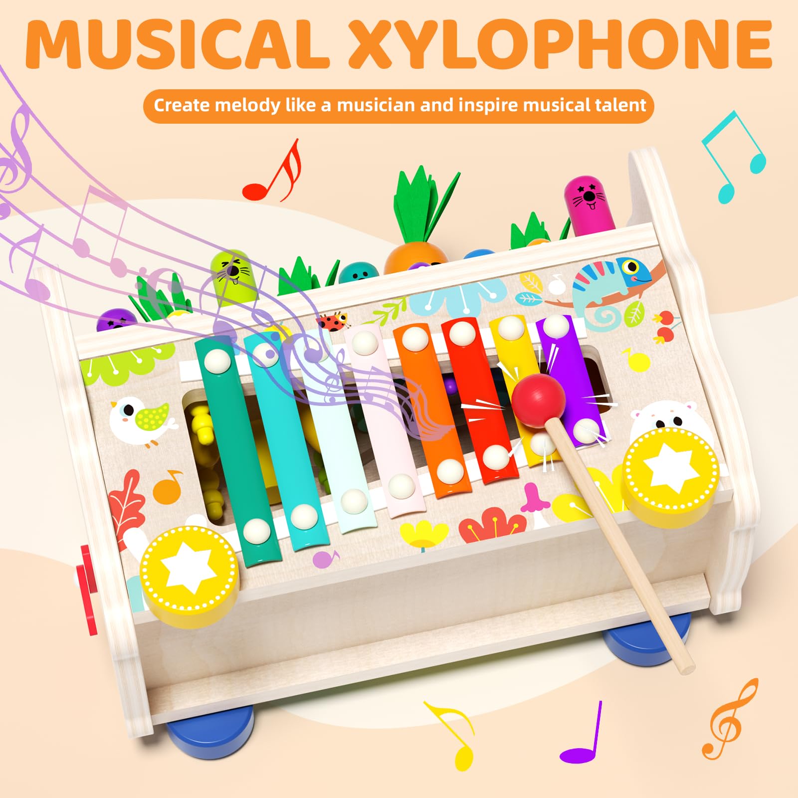 edutree 8 in 1 Wooden Montessori Toys for Toddlers 1 2 3, Xylophone Game for Toddlers 1-3 - Image 3