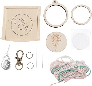 Mini Wooden Embroidery Hoop Keychain, Poplar Plywood Craft with Embroidery Kit and Metal Keychain, for DIY Hand Beginners Parent Child Activity Gift