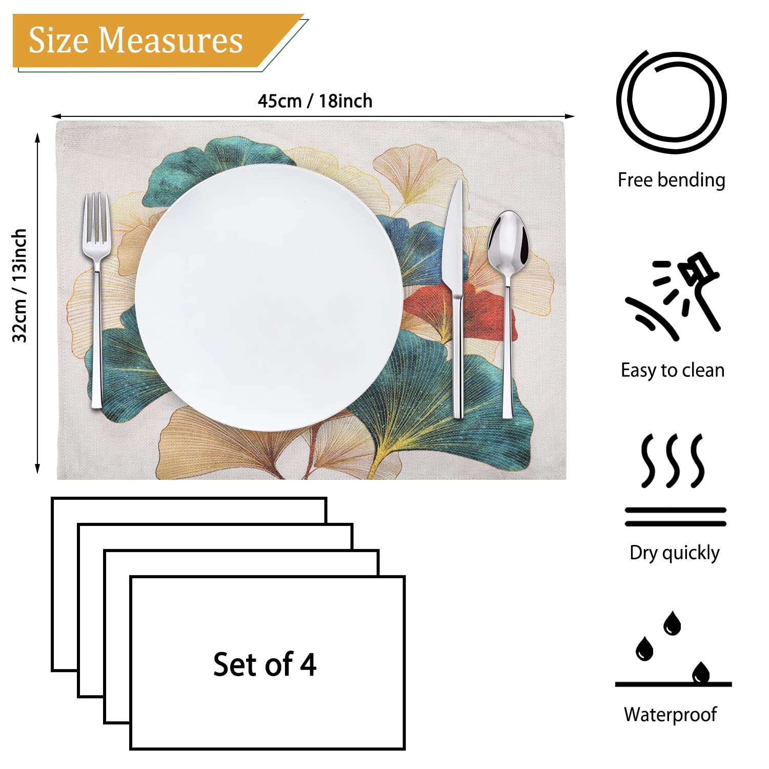 Placemats Set of 4 Teal Green Oil Red Grey Ginkgo Washable Heat Resistant Linen Placemats for Kitchen Dining Table Picnics 32 x 44 cm - Image 2