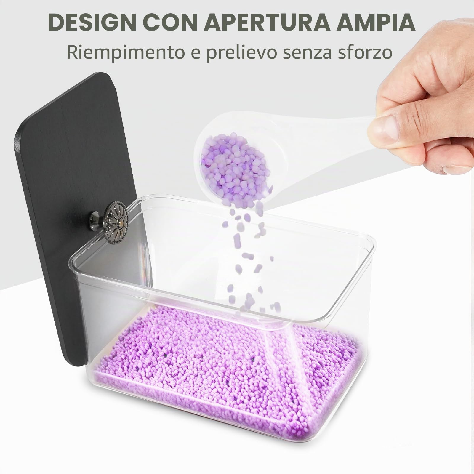 4 confezioni di contenitori per baccelli per bucato e porta fogli ammorbidenti - Contenitori di organizzazione e stoccaggio per lavanderia in plastica trasparente con coperchi neri, misurini ed