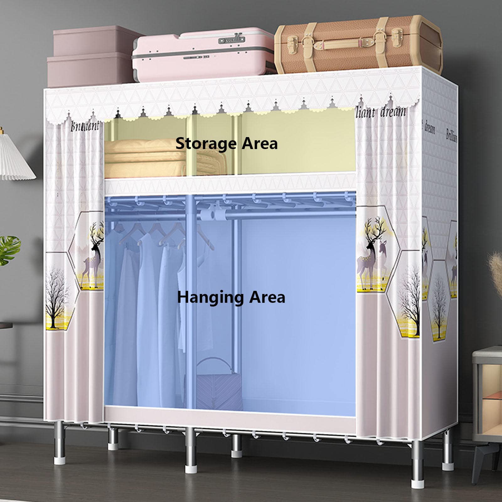 Tragbarer Kleiderschrank, Aufbewahrungsorganisator für Kleiderschränke, Stoffgarderobe mit Kleiderstange, Regalen, faltbarer Schrank für Kleidung, Taschen,B-143x45x169cm
