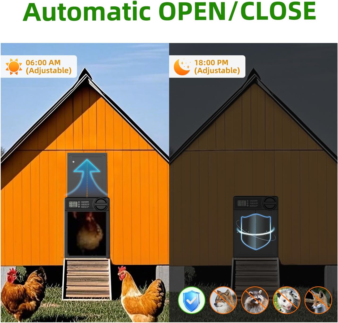 Automatic Chicken Coop Door, Battery Powered Electric Chicken Coop Door with Smart Timer, Anti-Pinch Sensor, LCD Display& Low Battery Reminder for Hens, Ducks, Geese Poultry