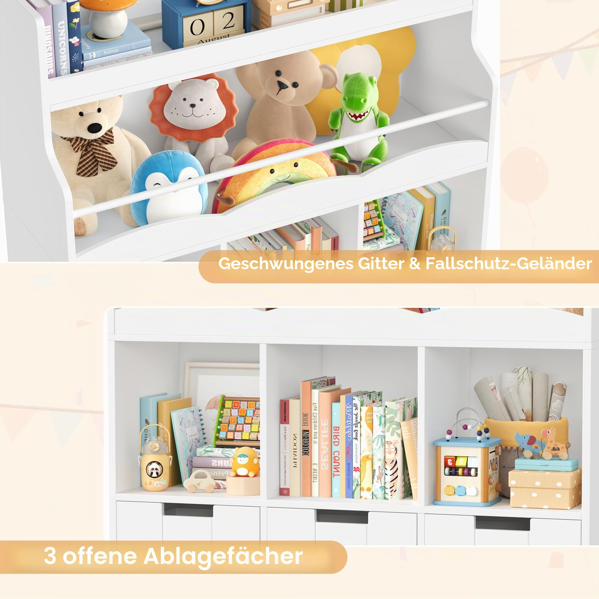 HOCSOK 110cm Kinderregal mit Boxen auf Rollen, Kinderbücherregal mit 4 Ablagefächern, Spielzeugregal Kinderzimmer für Schlafzimmer Kindergarten,Weiße
