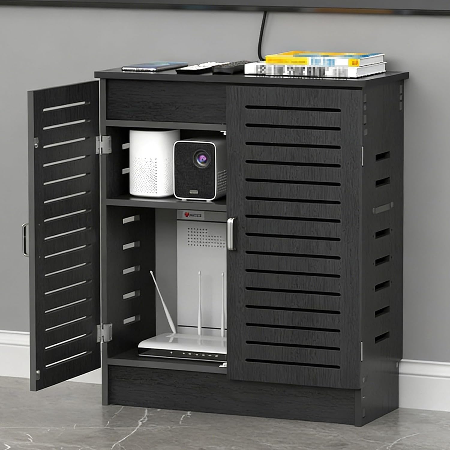 Organized Router WiFi Router Storage Cabinet with Cable Management and Adjustable ...