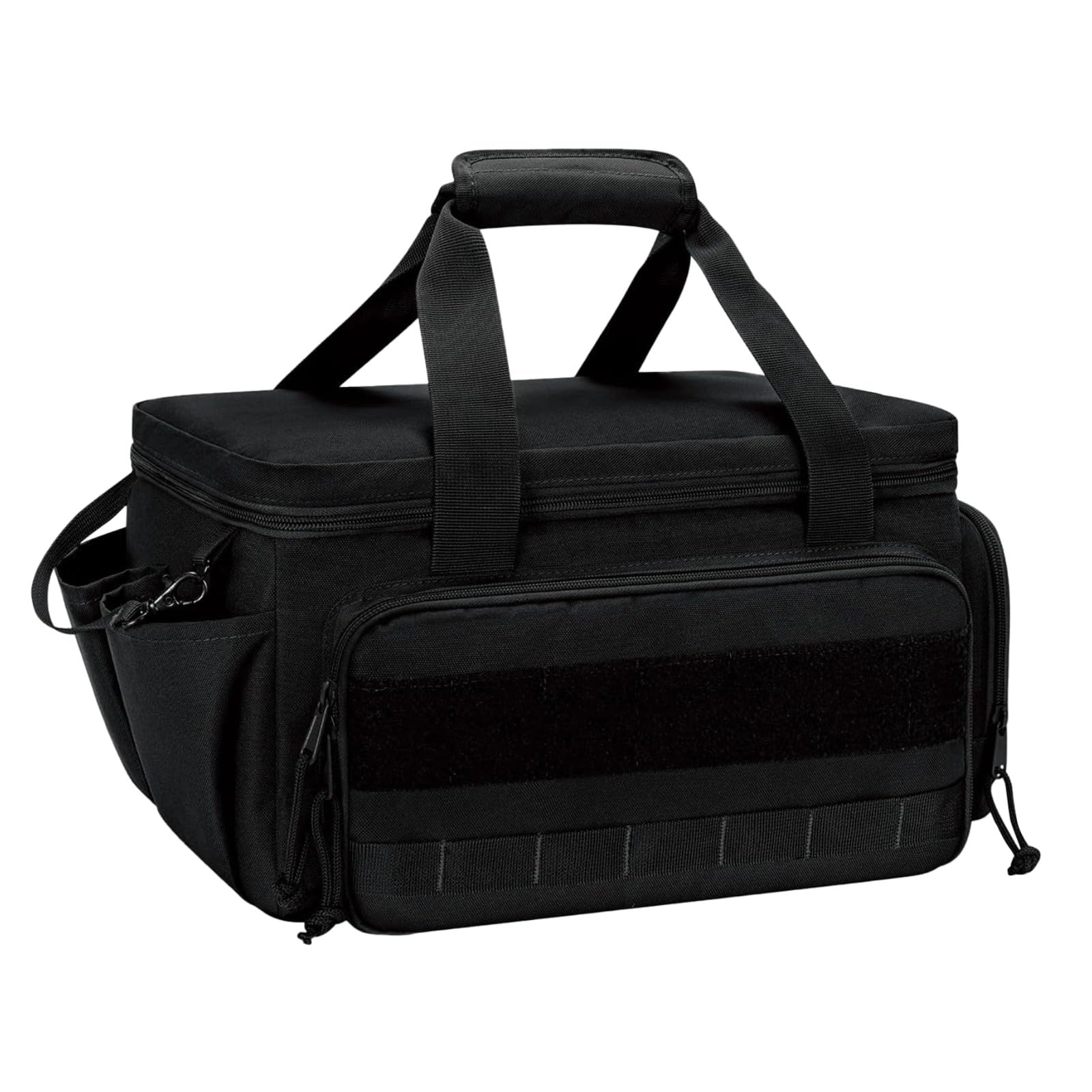 Werkzeugtasche, 36,7 x 21,5 x 20,5 cm, multifunktionale Arbeitstasche mit kleiner abnehmbarer Schlaufe, ausklappbaren Seitenhaken, Doppelreißverschluss, Polyester, Schwarz