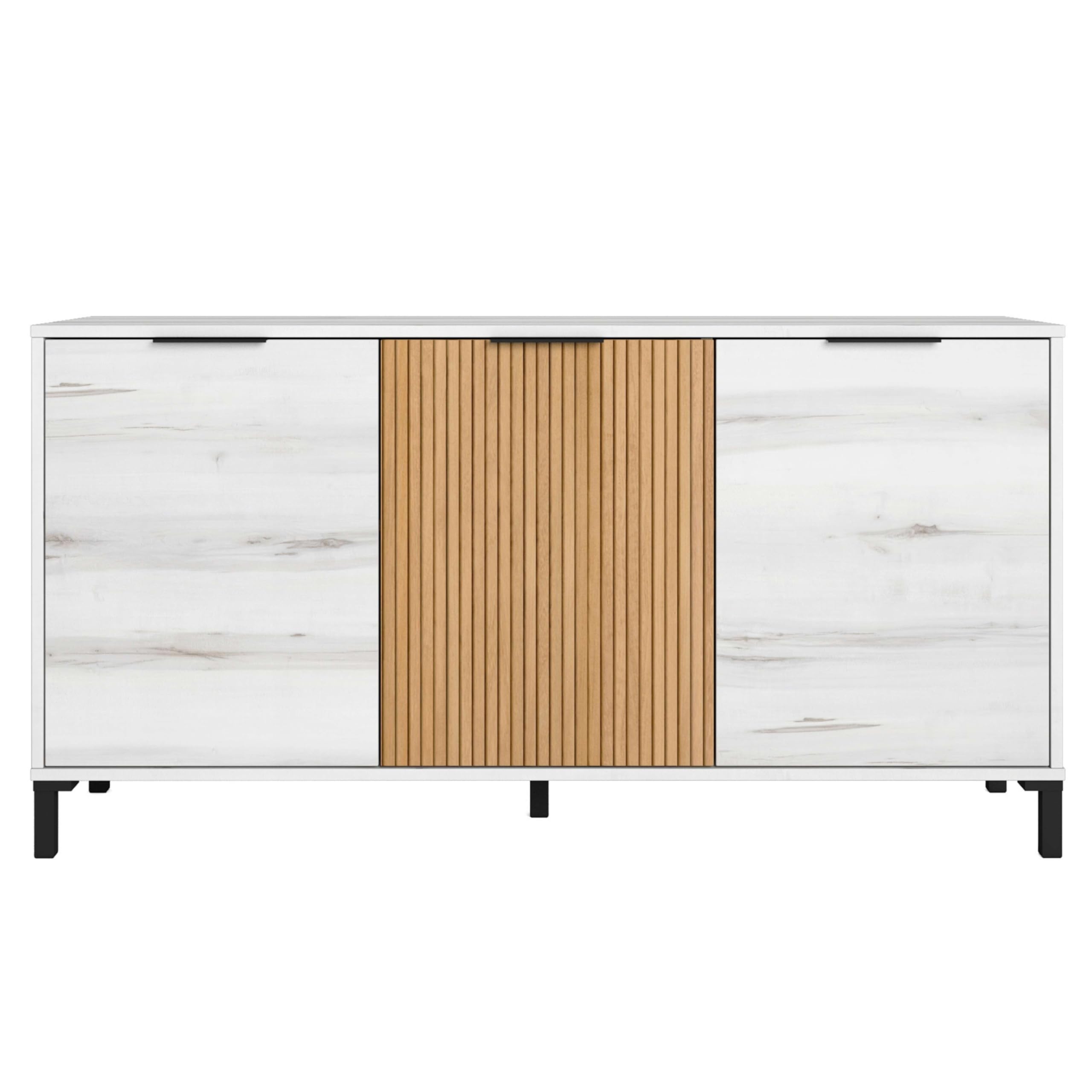 Miroytengo Conjunto de Muebles de Salón Comedor Tokio Estilo Nórdico en Color Blanco Albo y Roble Rayado (Aparador + Mesa de Centro + Mueble de TV)