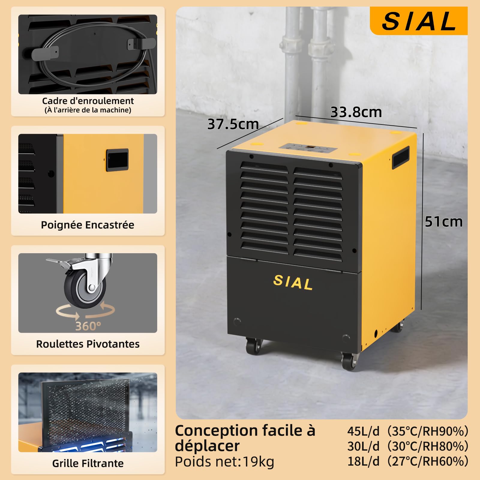 SIAL 30L/TAG Bautrockner Luftentfeuchter, 4,9L Tank, 100㎡ | Industrieller Profi-Entfeuchter | für Keller, Garage & Neubau | gegen Schimmel & Feuchtigkeit | Wasserschadensanierung