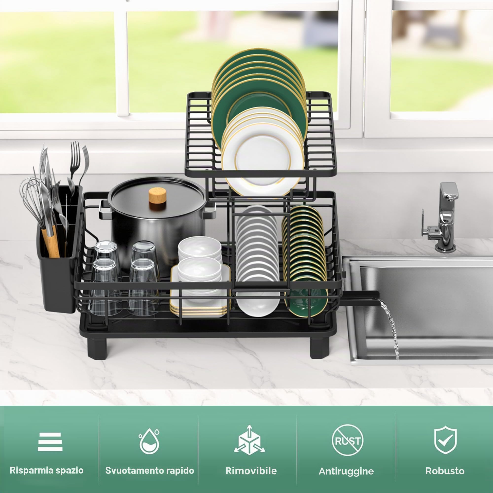 Rottogoon Scolapiatti grande a 2 ripiani in acciaio inox per bancone della cucina, resistente, con scolapiatti per vari utensili da cucina, nero