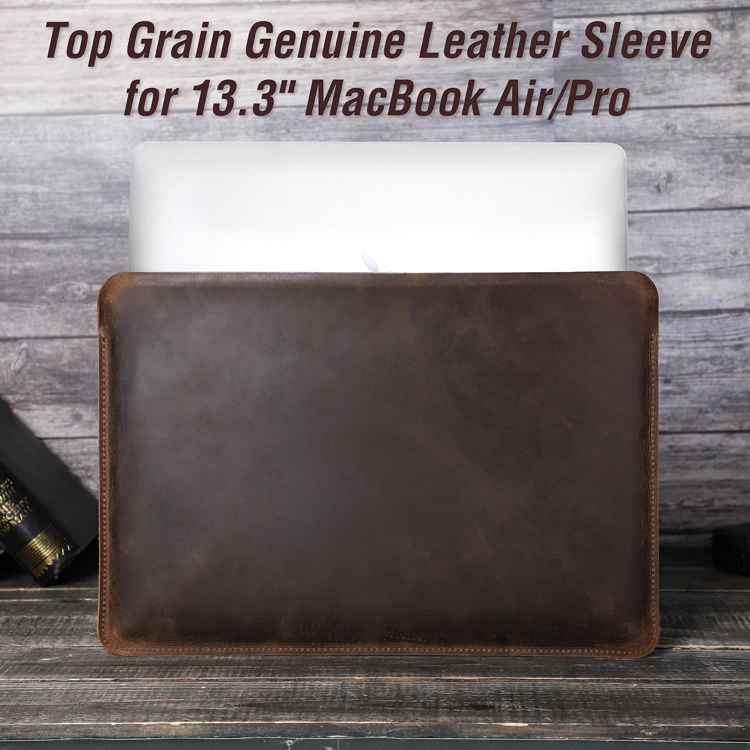 Top Grain Leather 13.3" Slim Laptop Sleeve Protector, Solid Minimalist Vintage Design, Handmade, Compatible with MacBook Pro 13.3" MacBook Air 2022 DELL XPS 13" & Other PC, Coffee 13.3 Inch