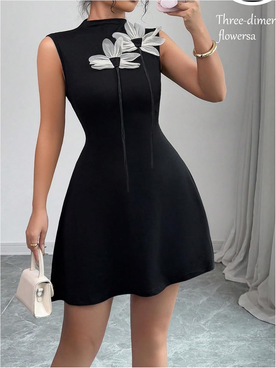 Floerns Women's 3D Floral Ruffle Tank Short Dress Mock Neck Sleeveless A Line Dresses - Image 2