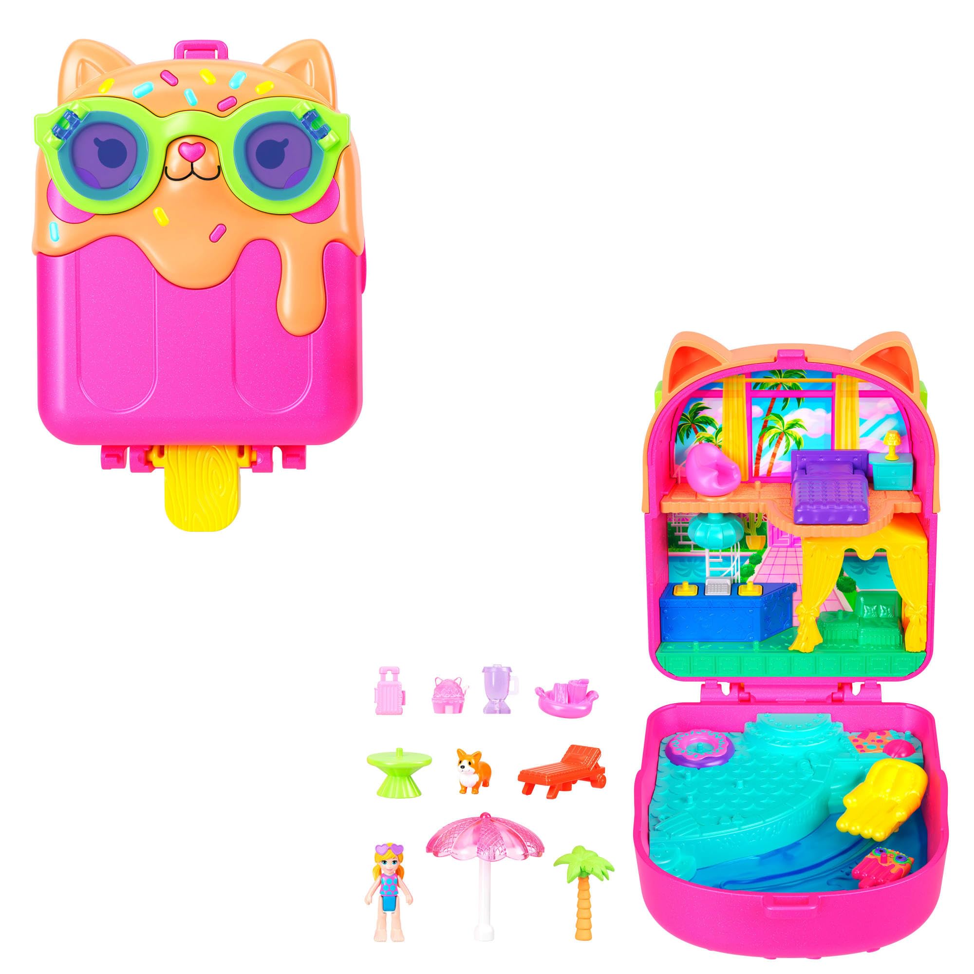 Polly Pocket Coffret Vacances au soleil, jouet de voyage avec 1 mini-figurine, un chiot et des accessoires thématiques, JCB17 - 1